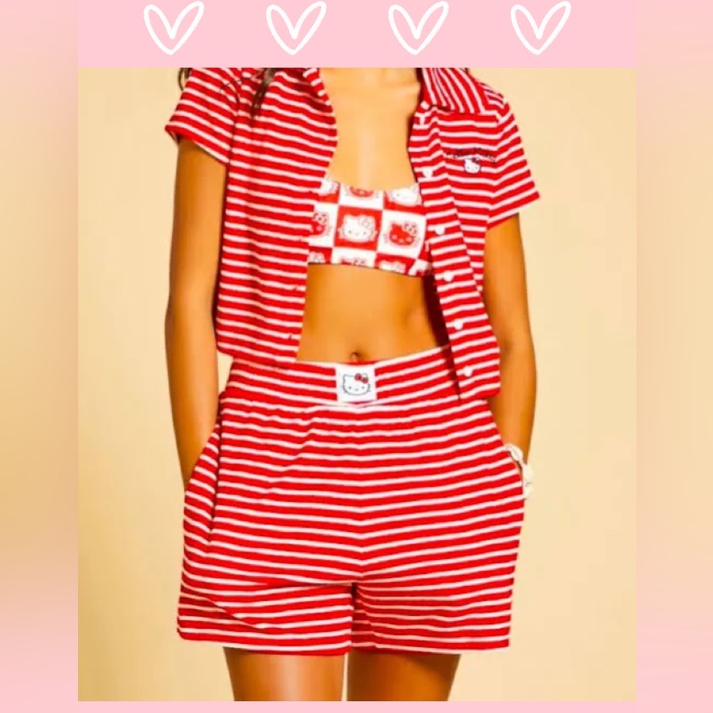 Forever21 Sanrio Hello Kitty French Terrycloth Striped Shorts Red/Multi Sz S